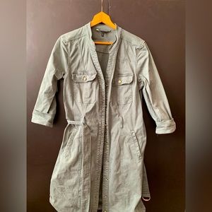 White House Black Market green trench coat with gold buttons